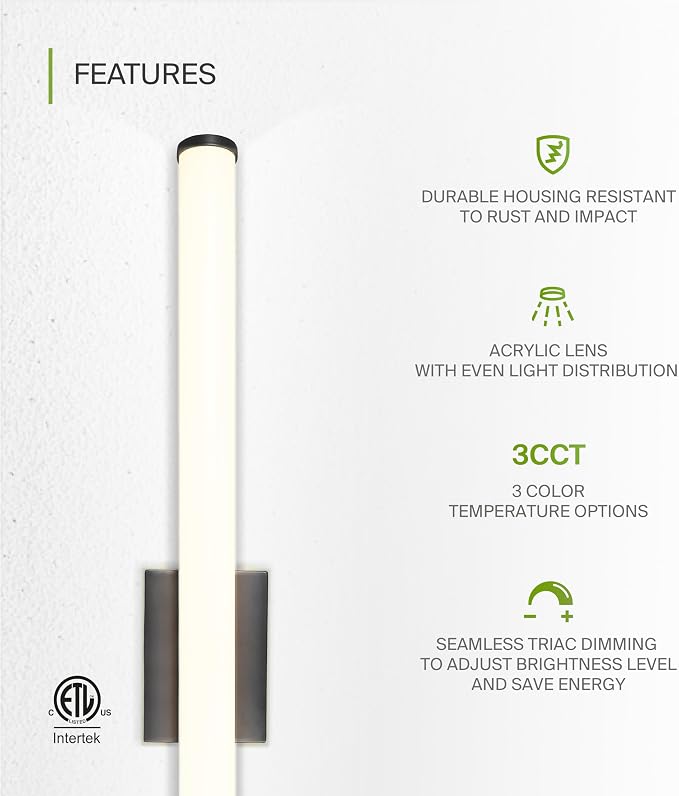 ASD 36" LED Linear Vanity Light Fixture, Modern Bathroom Sconce — 3 Color 3000K-5000K, Dimmable, 30W 2100LM, Energy Star & ETL Listed — Over Mirror Makeup Slim Bar for Bedroom, Cabinets — Black