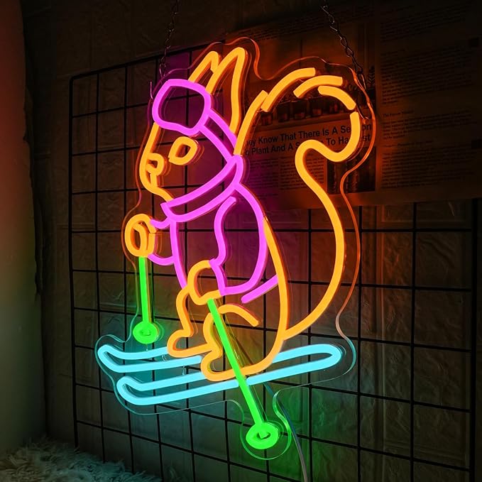 Squirrel Skiing Neon Sign Squirrel Snow Skiing Neon Lights for Kid Room Decor Animal LED Neon Signs for Skiing Shop Wall Art, Snow Skiing Club Led Wall Decor