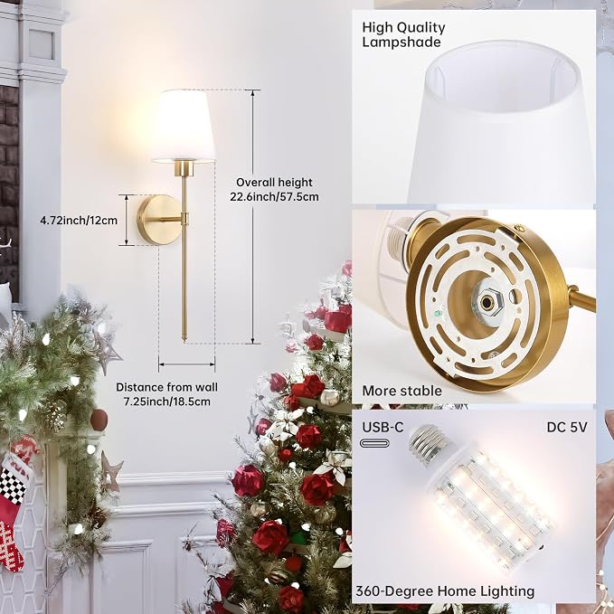 Shenmoyl Fabric Wall Sconce Battery Operated Set of 2, Rechargeable Wall Lights with 5000mAh RGB Dimmable Bulb, 12 Colors Wall Sconces for Bedroom Living Room, Gold