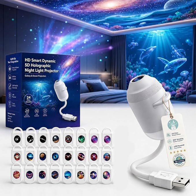 2027 New Hd Smart Dynamic 5d Holographic Night Light Projector, Plug and Play Hd Star Projector, 360° Adjustable Hd Galaxy and Ocean Projector for Bedroom Ceiling