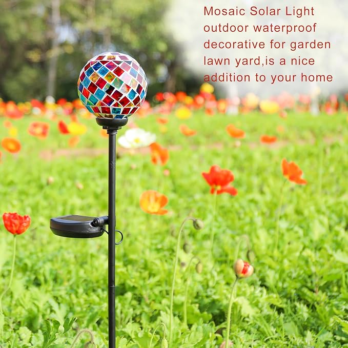 VCUTEKA Decorative Solar Garden Lights, 3.5" Mosaic Globe Outdoor Stake | Mosaic Glass Globe Design, Solar LED Light, Waterproof Design, Auto On/Off and Metal Stake Design for Lawn and Patio