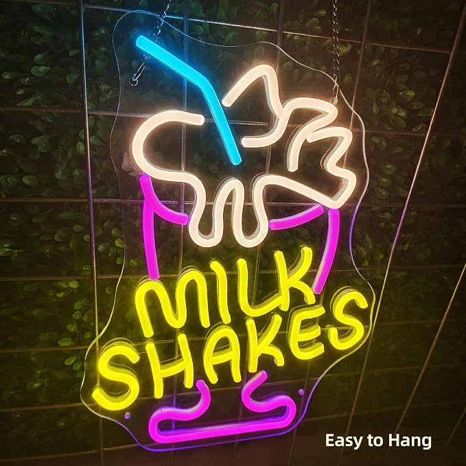 Milk Shakes Neon Sign, Colorful LED Ice Cream Light, USB Power | Dimmable Wall Decor Light-Up Signs for Dessert Shops, Restaurants, Bars, Fun Food Quote Neon Art Decoration for Room