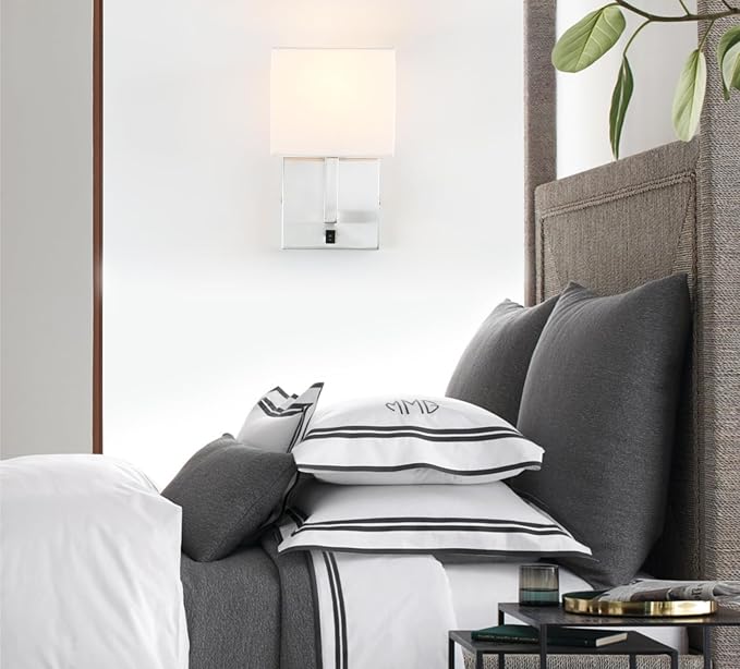 PERMO Single Fabric Wall Sconce Brushed Nickel Finished Sconces with White Textile Shades and On/Off Switch Button Modern Nightstand Lamps for Bedrooms Bedside Reading