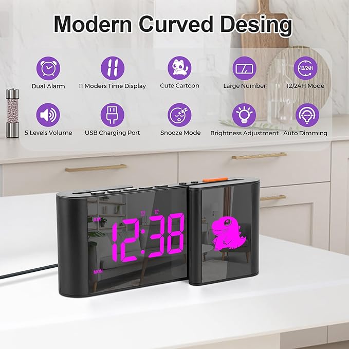 Alarm Clock,Alarm Clocks Bedside with Cute Cartoon,7.2''Large Mirror Clock,11 Colors Digital,10 Color RGB Cartoon,Week Display,Auto Dimming,Dual Alarms,USB Port,5 Levels Volume for Bedroom Table Decor