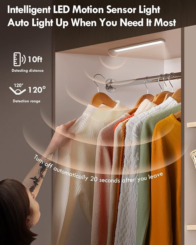 Alivation Wireless Under Cabinet Lights - 52 LED Closet Lights with Motion Sensor, USB-C Rechargeable, 1500mah Battery Operated, 2Pack