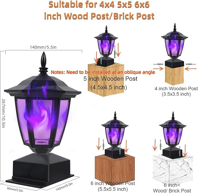 Dynaming Solar Flame Post Cap Lights Outdoor, Halloween Flickering Purple Flame Post Lights, Solar Powered LED Lantern Waterproof for Garden Deck Fence Patio, Fit 4x4, 5x5 or 6x6 Wooden Posts, 6 Pack