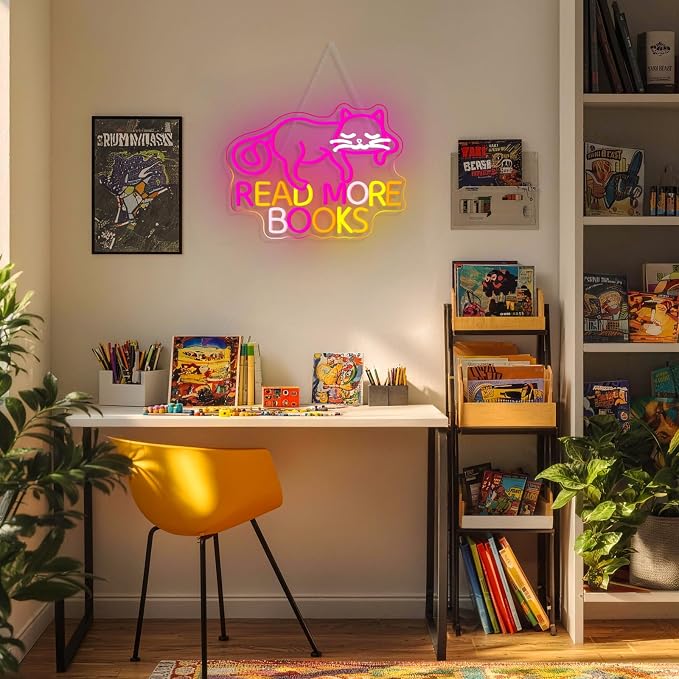 Cat Read More Books Neon Sign Led Light Dimmable LED Sign Bedroom Decor Neon Signs for Classroom Library Book Room Wall Decor Funny Gits for Children