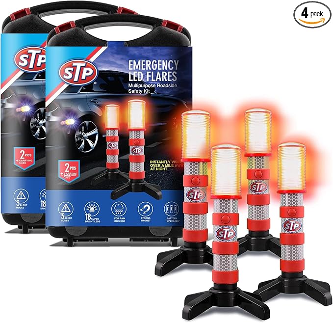 XTREME STP LED Road Flares, 3 Alert Lighting Modes: Flashing Red, Solid Red & White Flashlight, Emergency Flares for Vehicles, Visible From Up To A Mile, Foldable Stand/Built-In Magnet Sticks To Car