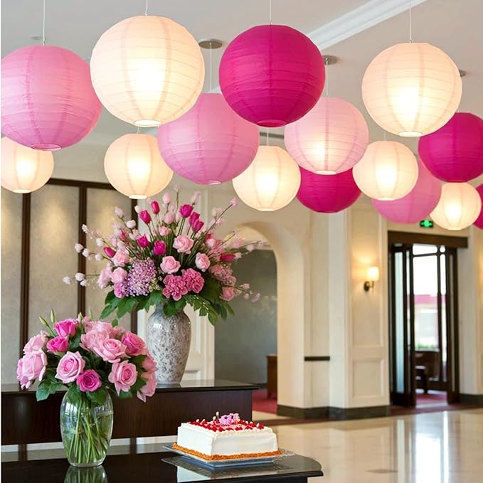 Chinese Paper Lanterns - Pack of 10, 12-Inch Pink/Rose Red Hanging Lights for Birthday Party Decorations, Ceiling Decor, Rainbow Classroom, Wedding, and Home Party
