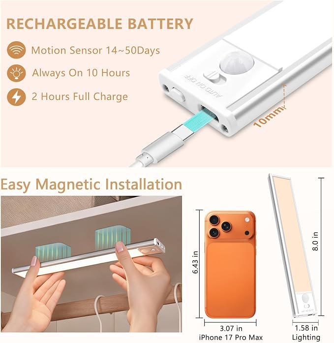 Bitrue Under Cabinet Lighting, 2Pack Rechargeable Magnetic Motion Sensor,Stepless Dimmable, 3 Color Temps, Wireless Lighting for Kitchen, Closet, Staircase (Silver, 2Pack-8inch)