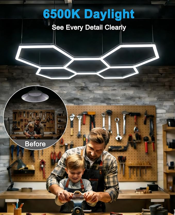 Hexagon led Lights: DIY Ceiling LED Gym Light Hexagon Garage Lights 16660LM | Bigger Size for Basement Warehouse Workshop Barbershop Car Care Wash Room Auto Beauty Shop Exhibition 6500K