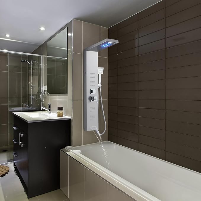 ROVOGO LED Shower Panel Tower System with Lights, 5 Shower Modes, 46.5 Inch | Rainfall Waterfall Shower Head, 4 Body Jets, Handheld and Tub Spout, Stainless Steel Shower Column with Brass Valves, Brushed