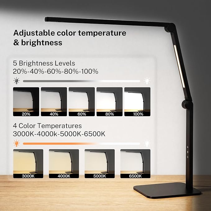 LED Desk Lamp for Home Office with Base, Dimmable Eye Care Architect Desk Light, Adjustable Swing Arm Dual-Light Lighting for Computer Monitor Work Desk Light, Reading, Study & Workbench