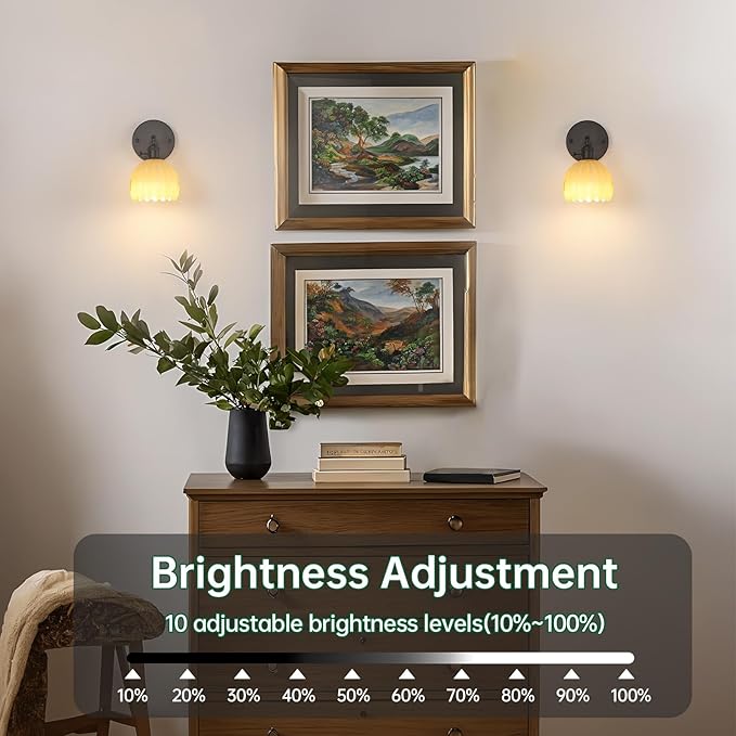 Vintage Wall Sconce Set of 2 - Rechargeable Battery Powered with Remote Control, Pastel Yellow Tulip Glass Lampshade (5000mAh) for Bedroom/Doorway