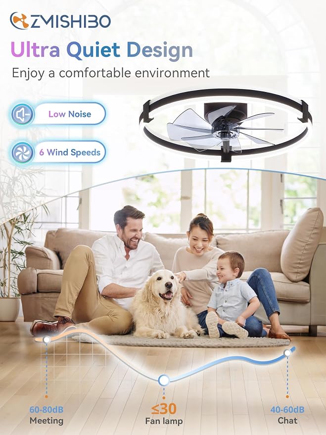 ZMISHIBO 23" RGB Low Profile Ceiling Fans with Lights and Remote, Black | Custom RGB+3CCT Dimmable, 6 Speeds, Remote/App Control, Reversible DC Motor, Memory, Timer, Modern Fandelier for Kids/Bedroom