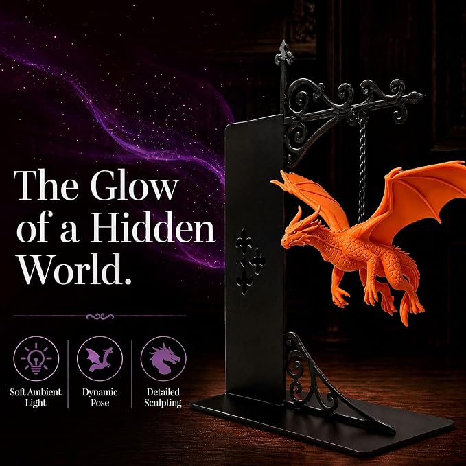 Magical Floating Dragon Bookshelf Lamp, Warm LED Dragon Night Light, Fantasy Reading Nook Decor, Unique Gift for Fantasy Lovers and Book Readers (Orange)