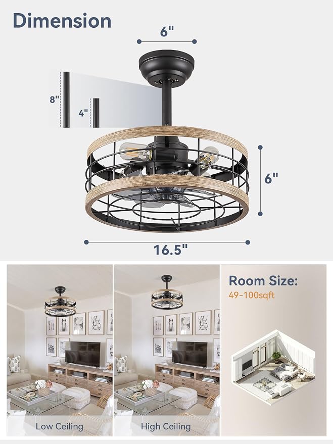 LEDIARY 16.5 inch Caged Fandelier Ceiling Fan Light with Remote, Brown | 6 Speed Adjustable,Timing, Quiet & Powerful DC, Small, Farmhouse, Industrial, Enclosed, Bladeless, Bedroom, Kitchen, Downrod