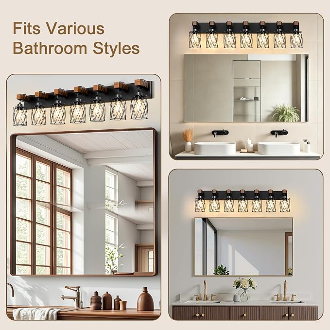 IZORRO Farmhouse Bathroom Vanity Light, 7-Light Wood Bathroom Light Fixtures Over Mirror, Black Industrial Vanity Lights with Metal Shade, Rustic Restroom Lighting Fixtures