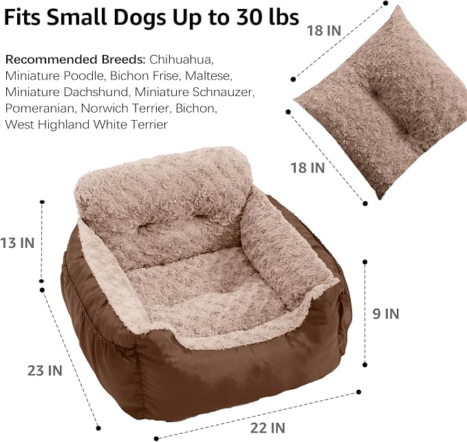 Oiilores Dog Car Seat for Small Dogs, Washable Pet Booster Seats with Clip-On Safety Leash, Comfy Deluxe Plush Carseat with Storage Pockets, Puppy Car Travel Carrier Bed for Dogs Under 25 lbs, Brown