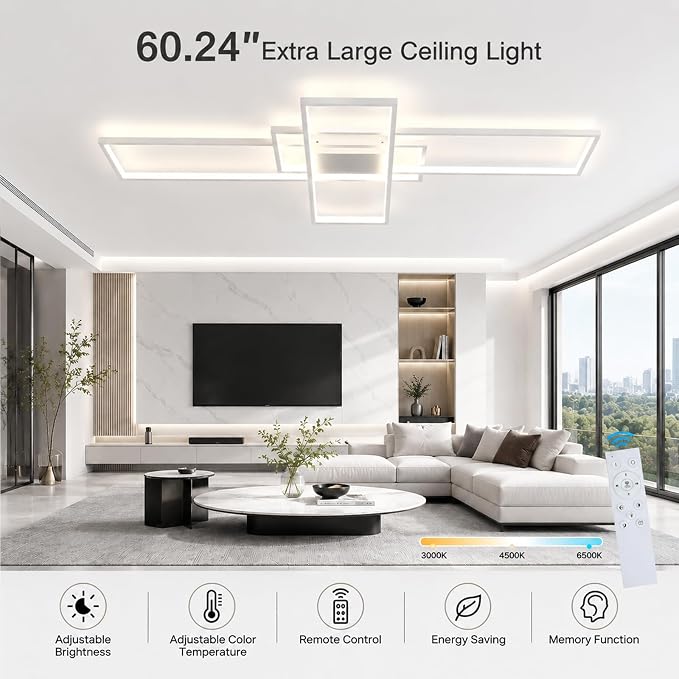 GEADI 60.2" Extra Large Modern LED Ceiling Light, Dimmable Chandelier | 112W White Geometric Flush Mount Ceiling Lamp with Remote, 3000K-6500K Dimming, Memory, Chandelier for Living Room