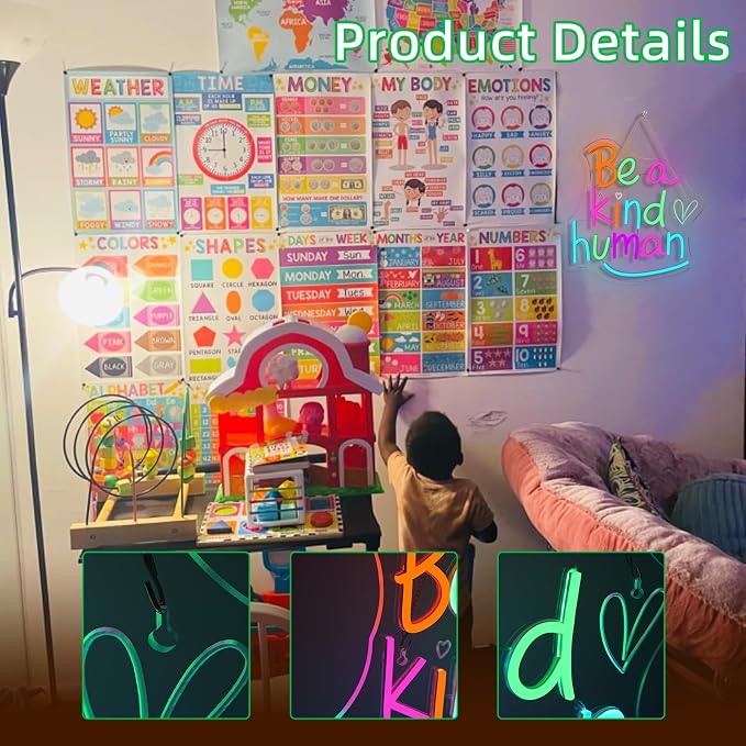 LED Neon Signs for Wall Decor Be a Kind Human Colorful Letter Inspirational Words Neon Light USB Powered Dimmable Light up sign for Bedroom Home Party Gift Class Room Decor