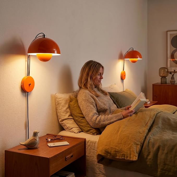 Mid-Century Modern Bud Plug in Wall Sconces for Bedroom, Pastel Orange | Indirect lighting reading wall lamp, all-metal construction, plug-in or hardwired install, fits bedroom bedside, living room