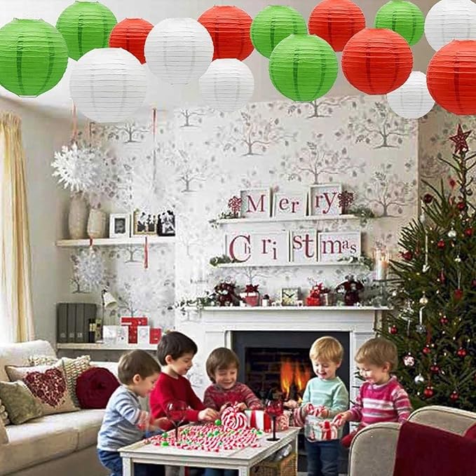 Red White Green Paper Lanterns Christmas Decorations, 12-Pack Hanging Round Paper Lanterns Decorative for Graduation Baby Shower Wedding Monsters Inc Birthday Family Parties ﻿
