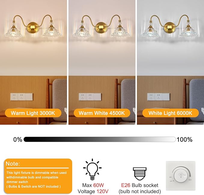 Gold Bathroom Vanity Light Fixtures 2 Lights Vanity Lights for Bathroom with Floral Crystal Glass Shade Modern Wall Lighting Fixtures Over Mirror(Exclude E26 Bulb)
