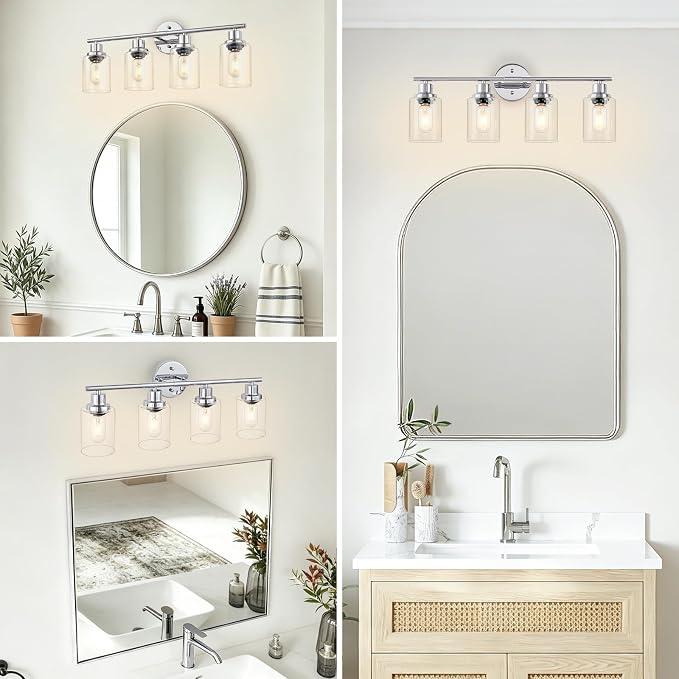 4-Light Bathroom Light Fixtures, Modern Chrome Vanity Lights for Bathroom with Clear Glass Shade, Wall Lamps for Mirror Hallway Kitchen Cabinet Living Room Sconces Lights