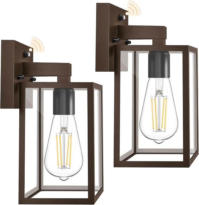 2 Pack Dusk to Dawn Outdoor Wall Light Fixtures, Exterior Porch Light, Waterproof Wall Sconces Lanterns, Sensor Lighting Wall Mount for House Doorway Garage, Dark Chocolate