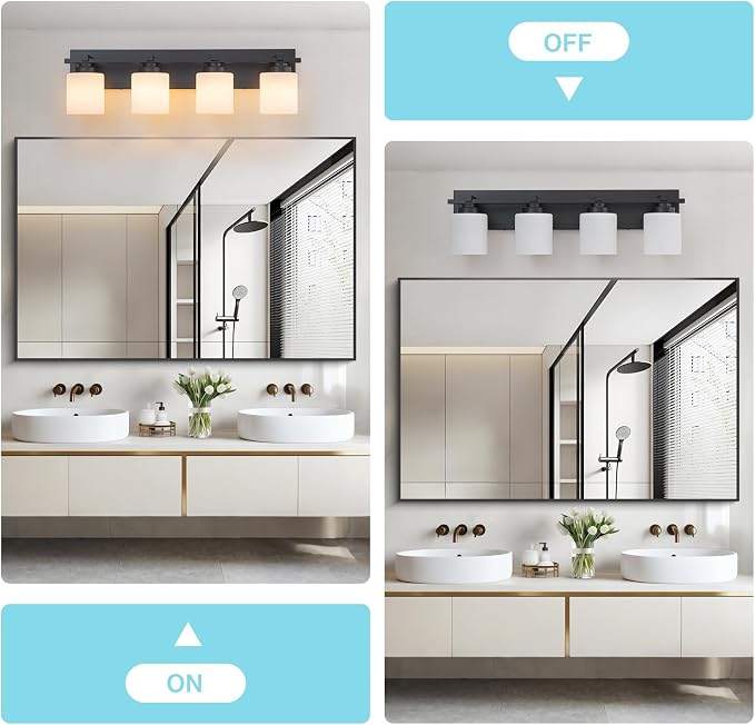 Modern Bathroom Light Fixtures Over Mirror, Vanity Lights for Bathroom Wall Sconces with Milky White Glass Shades, E26 Socket (Bulbs Not Included), 4 Light, Black