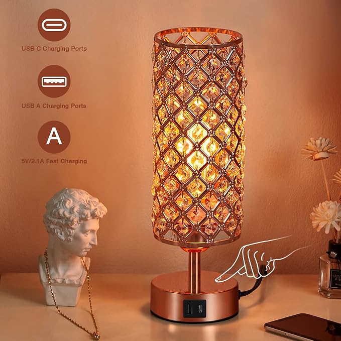 Pink Crystal Table Lamp, 3 Way Dimmable Touch Lamps for Night Stands | Rose Gold, Touch Control, USB C+A Charging Port, Desk Lamps for girls Bedroom, Living Room, Home Office, Room Decor