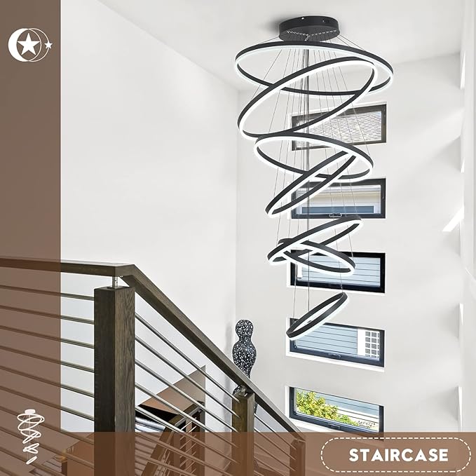 XGZL·LIGHTING 7-Rings Modern LED Chandelier Black D31.5’’ Contemporary High Ceiling Foyer Chandeliers Large with Remote Entryway for Living Room Entrance Staircase, 3000K-6000K