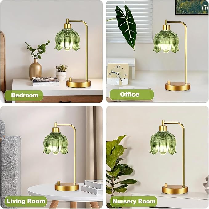 ILLMTW Glass Table Lamp Set of 2,Small Gold Bedside Lamps Dimmable Boho Bedroom Lamp with Tulip Flower Green Lamp Shade,Vintage Mid Century Modern Mini Nightstand Lamp for Bedroom Living Room