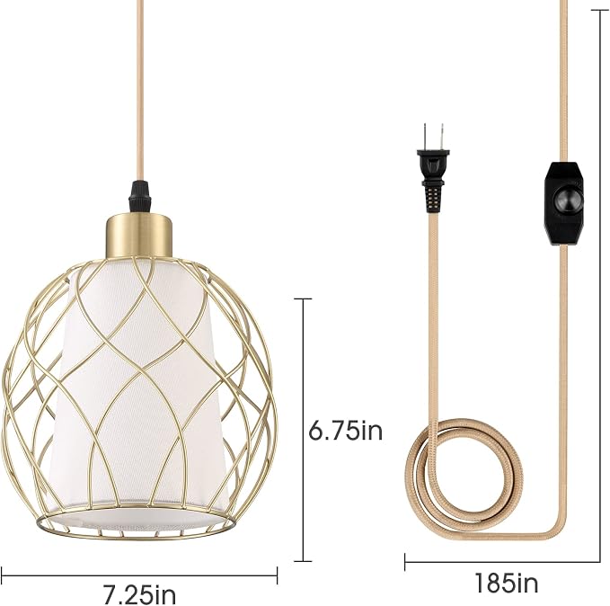 Plug-in Pendant Light, Hanging Lamp with Linen Shade, 15ft Golden Cotton Cord, Plug-in Light Fixture for Bedroom (Bulb Included)