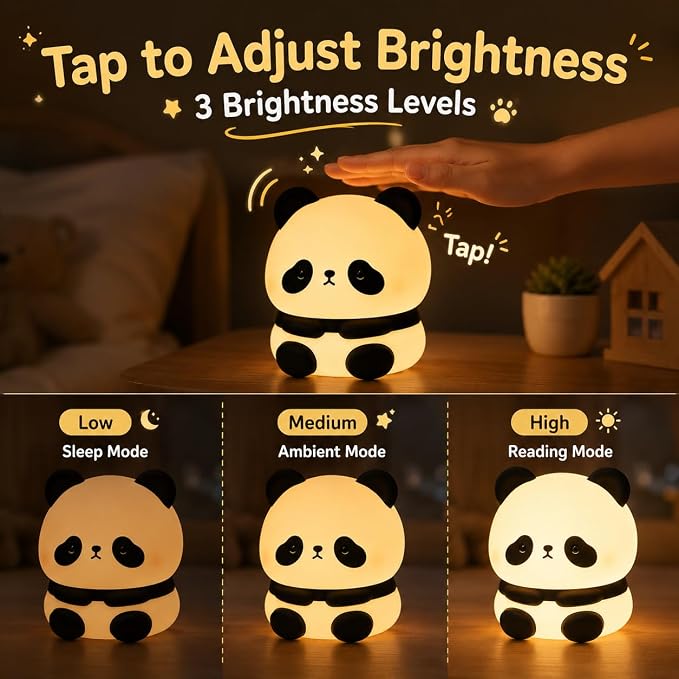 Cute Panda Night Light for Kids, Silicone Baby Squishy Lamp, 3-Level Dimmable Nursery Light for Bedroom, Rechargeable Portable Lamp, Desk Decor Birthday Christmas White Elephant Gift