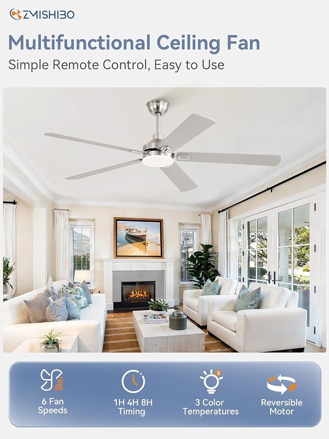 ZMISHIBO 60" Ceiling Fans with Lights and Remote, Nickel Modern for Indoor | Large Size, 3CCT, Downrod Mount, Farmhouse Dual Finish Blades, Quiet&Strong Motor, Memory Function for Bedroom, Living Room