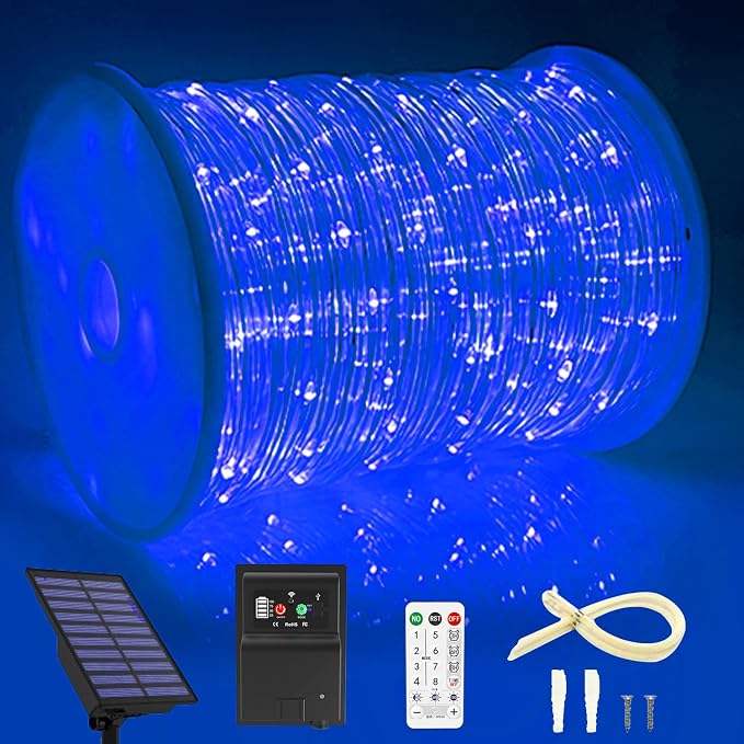 LiyuanQ 164 FT 1000 LED Rope Lights Solar Powered Waterproof String Lights 8 Modes Outdoor Tube Light Copper Wire Fairy Lights for Christmas Garden Fence Yard Party Pool Wedding Decor (1000 LED Blue)