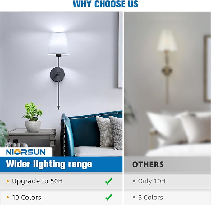 NIORSUN Battery Operated Wall Sconce Set of 2,Black Rechargeable Wall Lights with 5200mAh Dimmable Detachable Bulbs and Remote, 9 Colors Wireless Wall Lamps for Bedroom Living Room Hallway Decor