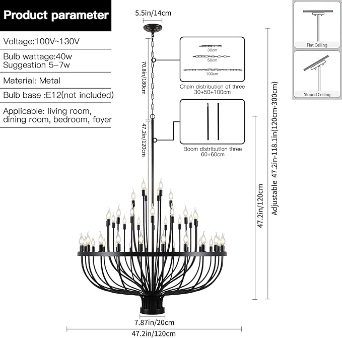 Large Black Chandelier 48 Light for High Ceilings, Big Farmhouse Wagon Wheel Chandelier for Dining Room 3-Tier 47.2 in for Hallway, Living Room, Foyer