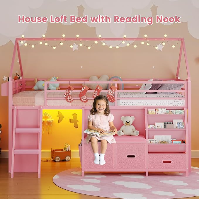 ADORNEVE Low Loft Bed Twin Size with Bookshelf, Reading Nook & 3 Drawers | Kids Loft Bed, LED, Storage Drawers, Beside Box, Under-Bed Play Space,Safety Guardrail, Inclined Ladde, Play Curtain, Pink