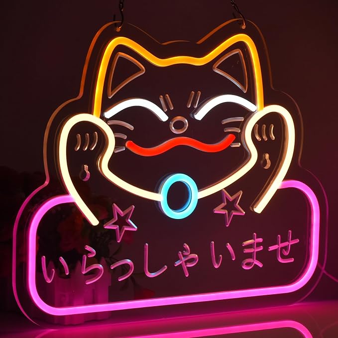 Japanese Welcome Neon Sign Fortune Cat Wall Decor Dimmable Led Neon Lights Japanese Style いらっしゃいませ Neon Billboard for Restaurant Shop Store Window USB Powered 16.1" x 12.6"