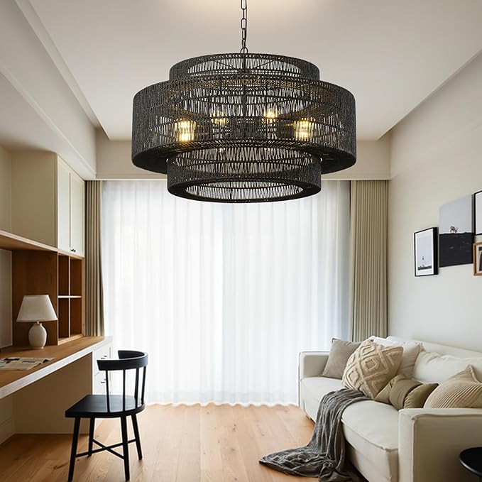 31.5"Large Boho Rattan Farmhouse Chandeliers for Dining Room,8-Light Rattan Hand-Woven Rustic Drum Chandelier Pendant Light Fixture for Kitchen Island Bedroom Living Room Entryway Foyer(Black)