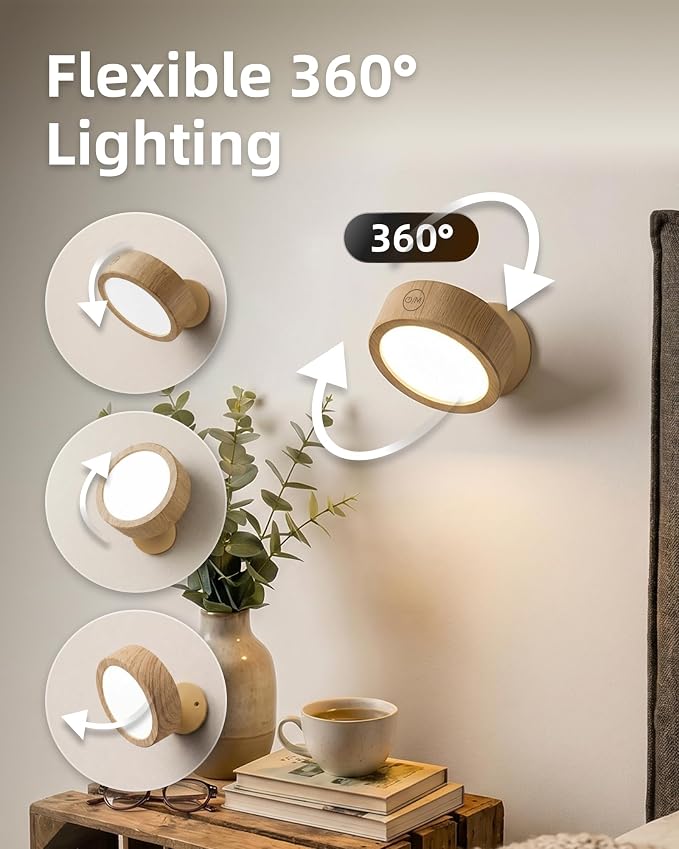 EZVALO LED Wall Mounted Light, 3000mAh Rechargeable Cordless Wall Sconce, Dimmable with Remote & Touch Control, 3 Color Temps, 360° Rotatable for Bedroom, Bedside, Reading(Wood, 2Pack)