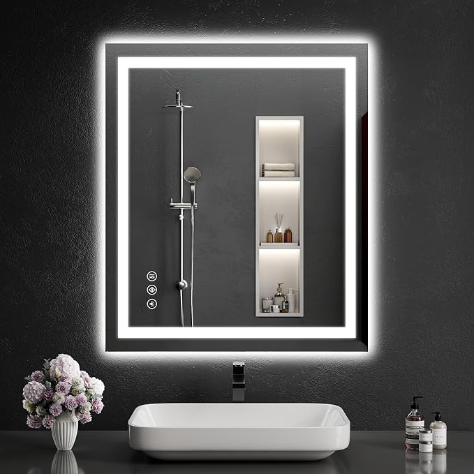 LED Bathroom Mirrors 30"x34" Bathroom Mirror with Lights for Wall, Backlit + Front Lit, 3 Colors, Anti-Fog, Dimmable Brightness for Vanity,Bathroom, Entryway, Living Room
