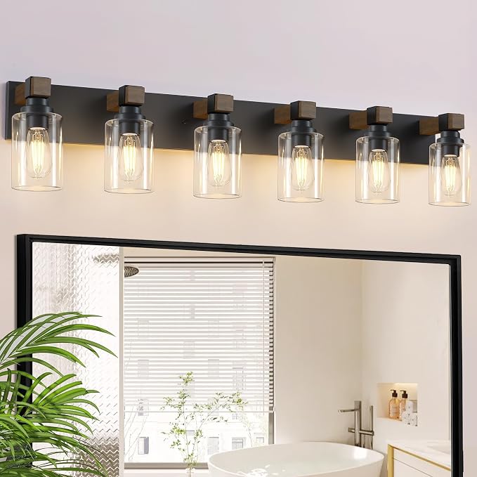 Farmhouse 6-Light Bathroom Vanity Light Fixtures, Black and Wood | 43.3″ Rustic Matte Black Metal Frame, Clear Glass Shades, Vintage Wall Sconces Lighting Over Mirror, for Bathroom Restroom
