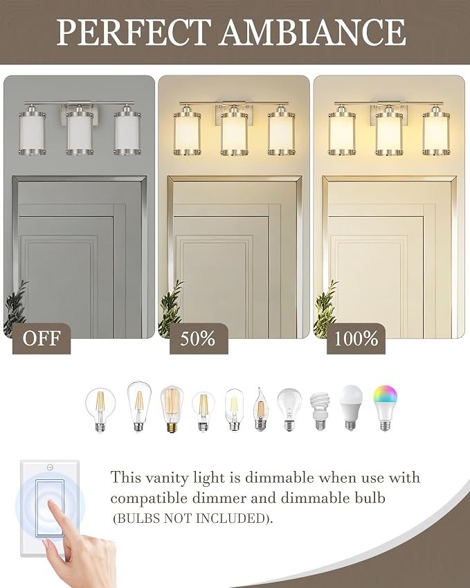 3-Light Brushed Nickel Bathroom Light Fixtures with Milk Frosted Glass, 21" Modern Bathroom Vanity Lighting Fixtures Over Mirror with Metal Cage, Wall Sconce Lights for Bath, E26, OS-3014BNW-3W