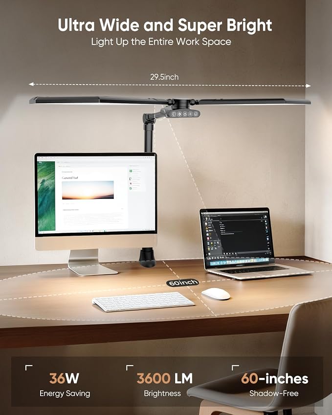 36W LED Desk Lamp with Clamp, Dual-Head Architect Lamp with Remote, Black | Ultra Bright 448-LED 3600LM Office Lamp, 2700K-6500K, Stepless Dimming, 60-Inch Desk Light for Workbenches and Home Offices