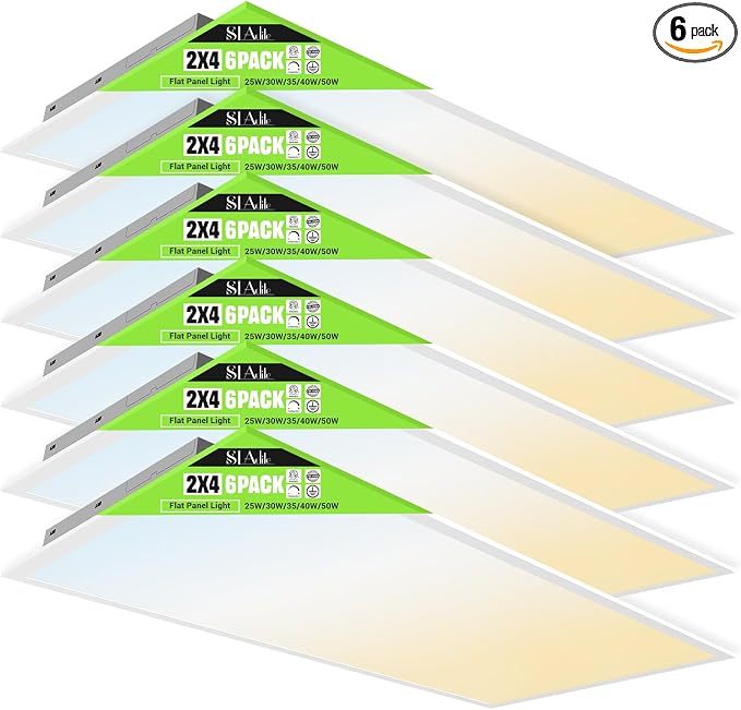6 Pack 2x4 LED Flat Panel Light 50/40/35/30/25W 6500lm Adjustable, 0-10V Dimmable LED Flush Mount Ceiling Light Fixtures, 2.7K/3K/3.5K/4K/5K Selectable for Office Kitchen Garage - ETL Listed