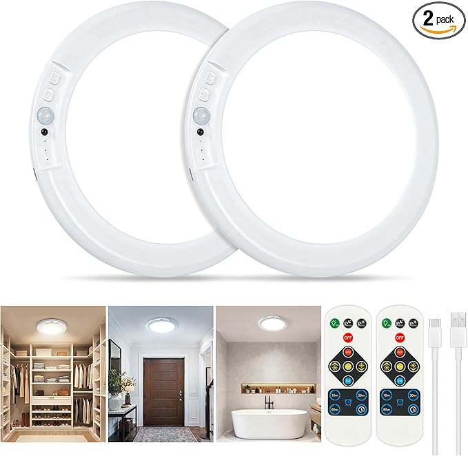 Rechargeable Ceiling Light 2 Pack, Magnetic Motion Sensor with Remote | Wireless Dimmable Battery Operated LED Ceiling Lights for Closet Shower Hallway Pantry Shed Porch Stairs